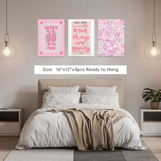 Djmwtb 3 Piece Canvas Wall Art Preppy Wall Decor Lucky You Pictures Hearts Prints Guest Check Painting Y2K Artwork for Bedroom Bathroom 12x16in Framed