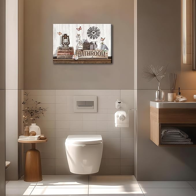 Rustic Bathroom Wall Art Country Bathroom Pictures Wall Decor Farmhouse Cotton Flower Butterfly Painting Brown Theme Country Bath Prints Rustic Farmhouse Inspirational Prints Artwork Home Decor 16x24"