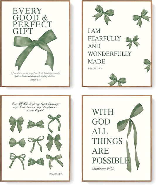 LARTSFRO Coquette Green Bow Wall Art Decor Posters, Olive Green Bow Christian Room Bedroom Bathroom Dorm Wall Art Decor Aesthetic for College Teen Girls Gifts, Inspirational Bible Verses Bow Wall Decor, 10x8 Inch Set of 4 Pcs Bow Pictures (UNFRAMED)