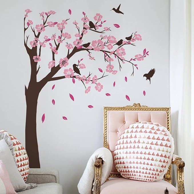 Pink Flower Tree Wall Stickers, Removable DIY Romantic Peach Blossom Tree Wall Murals Peel and Stick 3D Wall Art Stickers Murals Home Decor for Gilrs Bedroom Nursery Rooms Living Room