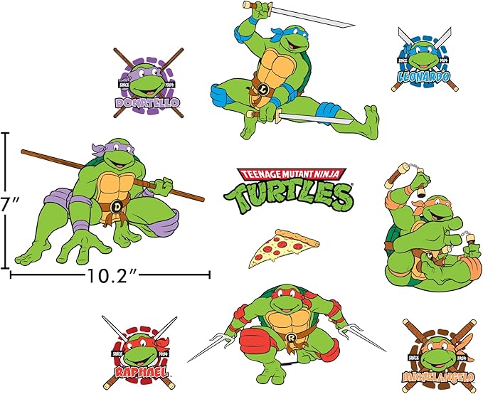 Teenage Mutant Ninja Turtles Wall Decals - Set of 10 TMNT Vinyl Wall Sticker Bedroom Decorations - Peel and Stick Room Decor Red Green Blue Purple