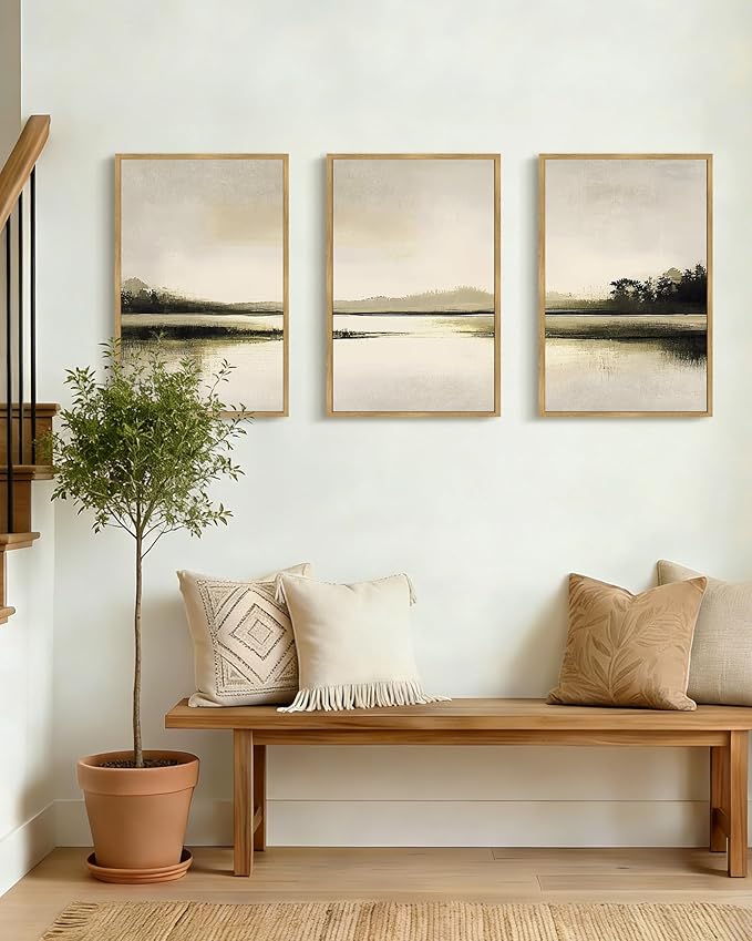 Drsoum Vintage Black Gray Abstract Laker Landscape Wall Art Framed Brown Tan Neutral Prints Minimalist Modern Rustic Artwork Bedroom Living Room Ready to Hang 16x24in Natural Framed