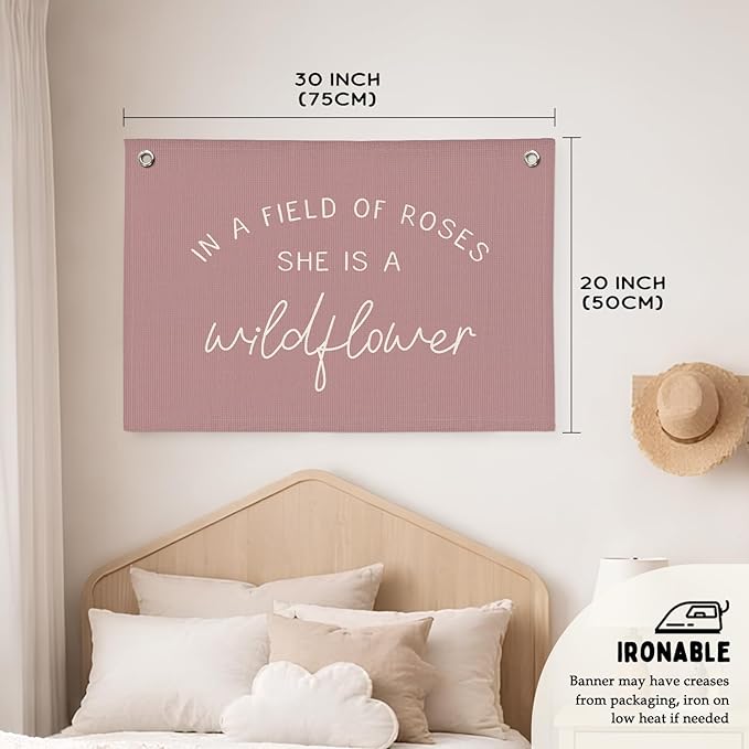 Girls Room Decor, Wildflower Nursery Decor, In a Field Full of Roses She Is a Wildflower Banner, Pink Linen Banner Flag Decor for Little Girl Baby Girl, Girls Room Wall Decor Canvas Banner