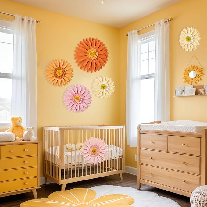 SUNBEAUTY Daisy Party Decorations, Paper Flowers, Party Decorations, Orange Yellow Flowers Wall Hanging, 1st Birthday Bridal Baby Shower Wedding Classroom Tea Party Daisy Décor 10" 8" 5" Pack of 6