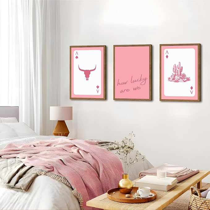 Western Wall Art Set of 3, Southwestern Cowboy Playing Card Wall Decor, Pink Longhorn Bull Skull and How Lucky are We Poster Canvas Painting Prints for Bedroom Living Room 16x24 inch Wood Framed