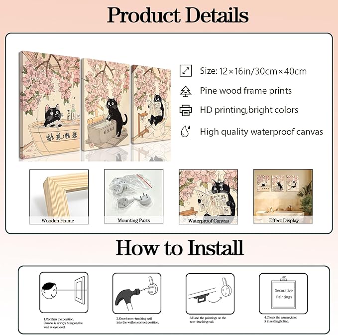 Funny Japanese Bathroom Wall Art Set of 3, Whimsical Black Cat Bathroom Wall Decor Painting Cute Japan Animal on Toilet Reading Poster Canvas Prints 12x16 inch Framed