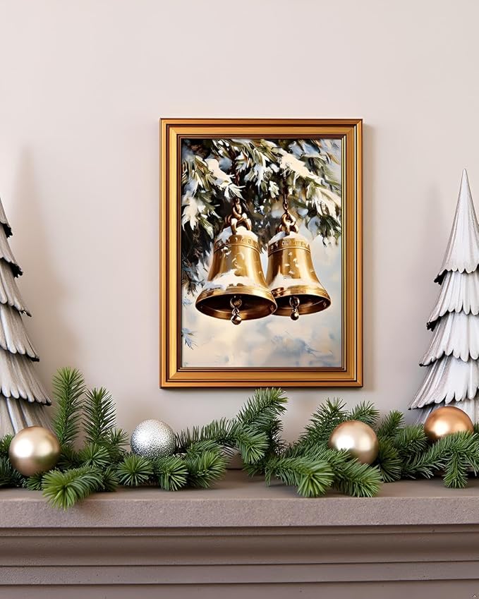InSimSea Gold Framed Christmas Wall Art, Vintage Canvas Prints Decor, Jingle Bells Snow Paintings Wall Shelf Decor, Rustic Pictures for Winter Bedroom Holiday Decoration Gifts, 12x16inch