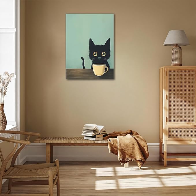 Yaneiro Framed Fun Black Cat Wall Art Abstract Drinking Coffee Picture Cute Retro Black Cat Wall Decor Canvas Poster Print Suitable for Cafe Bar Living Room Restaurant Bedroom 16x24 Inch