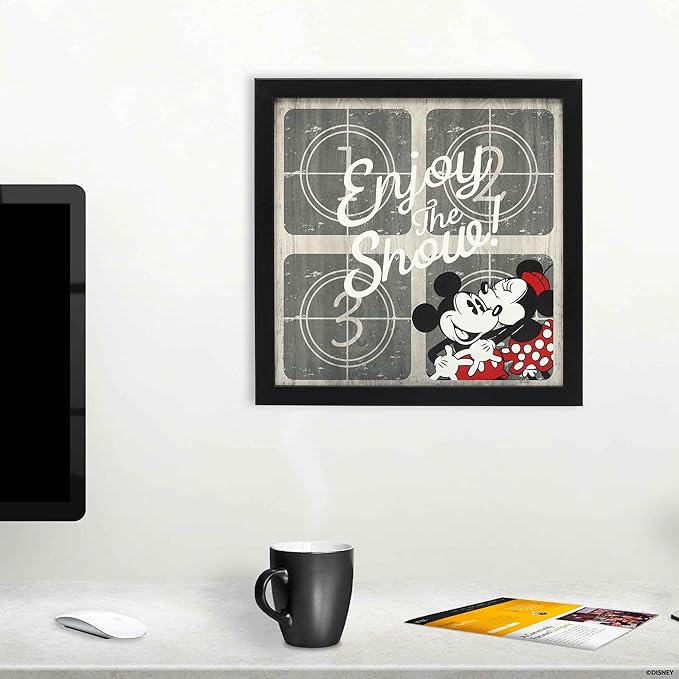 Disney Mickey Mouse and Minnie Enjoy the Show Framed Wood Wall Decor - Fun Mickey Mouse Picture for Movie Room or Play Room
