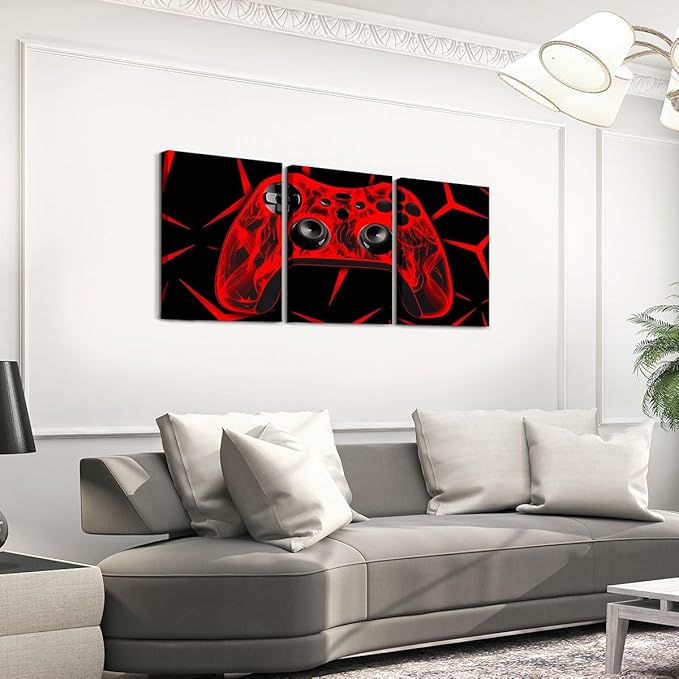 Feelyou Gamer Bathroom Wall Art for Home Decor Gamepad Canvas Wall Art for Bedroom Girls TeensGaming Gifts Office Wall Artwork Posters 12" x 16" 3 Piece Game Controller Red Wall Painting