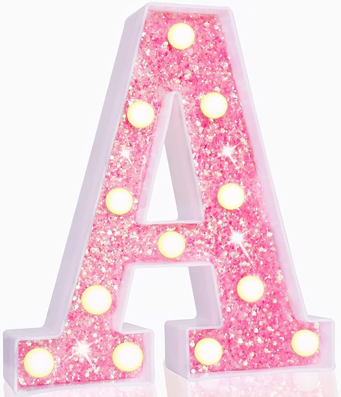 Pooqla LED Marquee Letter Lights, Light Up Pink Letters Glitter Alphabet Letter Sign Battery Powered for Night Light Birthday Party Wedding Girls Gifts Home Bar Christmas Decoration, Pink Letter A