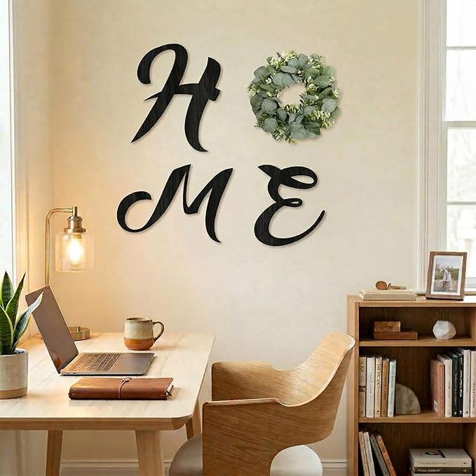 Wood Home Sign with Artificial Eucalyptus Wreath for O, Hanging Farmhouse Wall House Decor Wood Letters for Wall Art Rustic Home Decor, Wall Decor for Living Room Kitchen Entryway (Black)