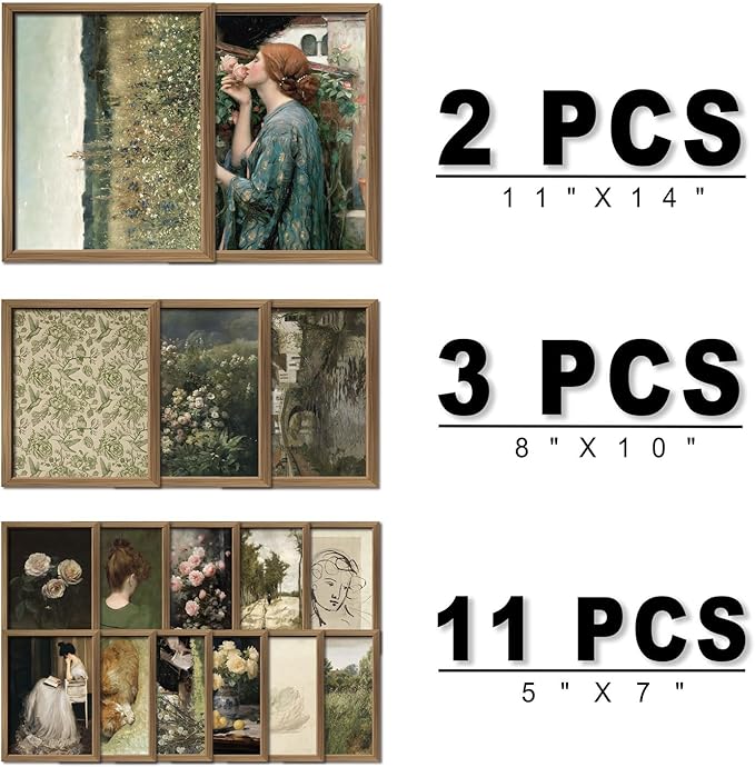 ANERZA 16 PCS Framed Vintage Wall Art Decor, French Country Wall Prints for Bedroom, Landscape Gallery Wall Frame Set, Farmhouse Posters for Living Room Aesthetic, Rustic Collage Kit, Dorm Home Decor