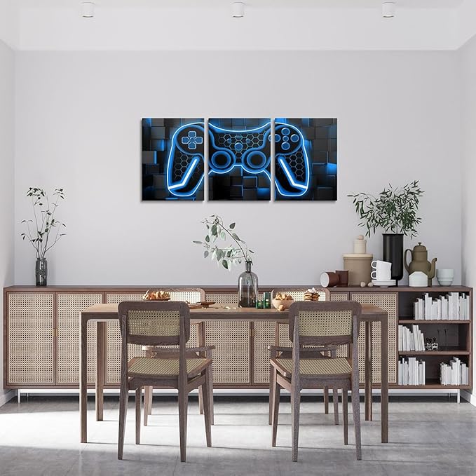 Feelyou Gamer Canvas Wall Art Gaming Bathroom Wall Art for Home Decor 12"x16" 3 Piece for Lighting Honeycomb Game Controller Office Wall Artwork Posters Blue and Black Geometric Wall Painting