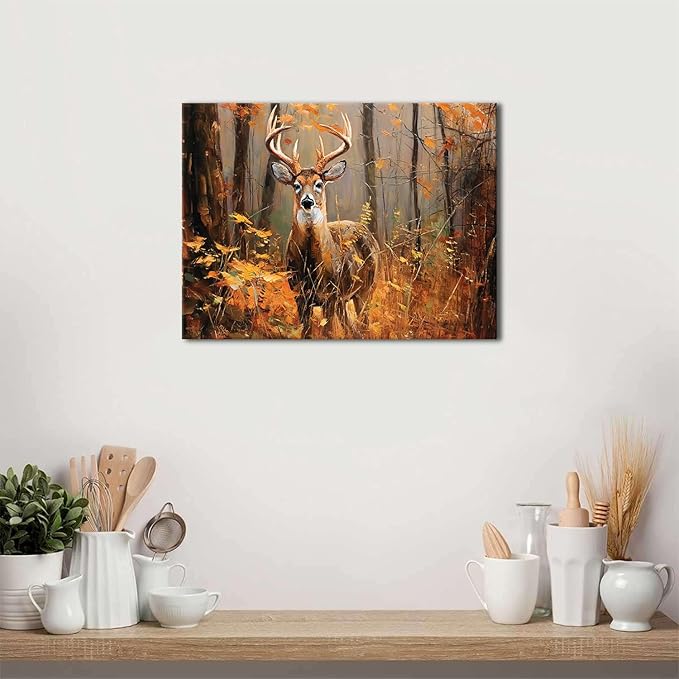Deer Pictures Wall Decor Fall Forest Wall Art Autumn Orange Forest Landscape Canvas Prints Wildlife Animal Poster Nature Woodland Elk Painting Artwork for Bedroom Living Room Home Decoration 12x16"