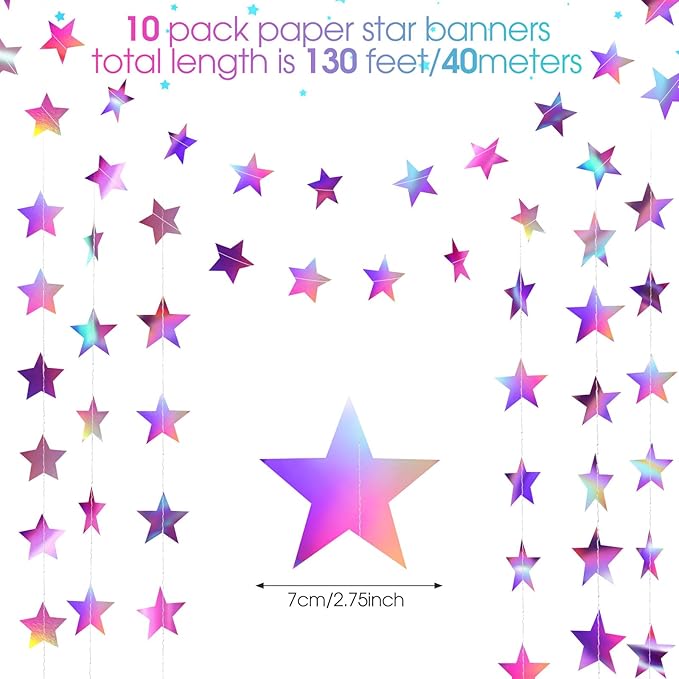 Patelai Glitter Star Garland Banner 2026 Graduation Decor 130 Feet Star Hanging Banner Twinkle Backdrop for Party Birthday Classroom Wedding Supplies(Iridescent Purple)