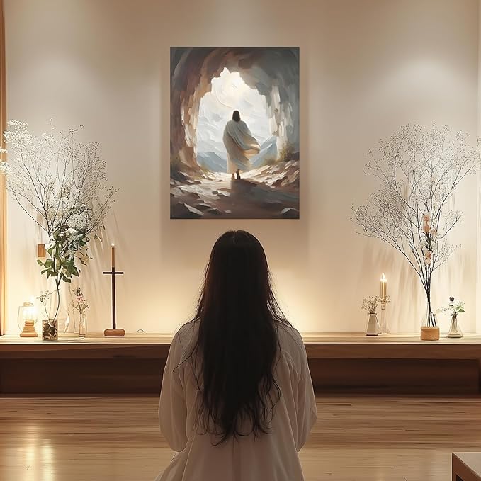 HLXRAE Framed Jesus Wall Art, Jesus Resurrection Leaves the Tomb Canvas Painting, Minimalist Christian Empty Tomb Poster Print, Christian Wall Decor for Church Prayer Room Hospitals Home 12"x16"