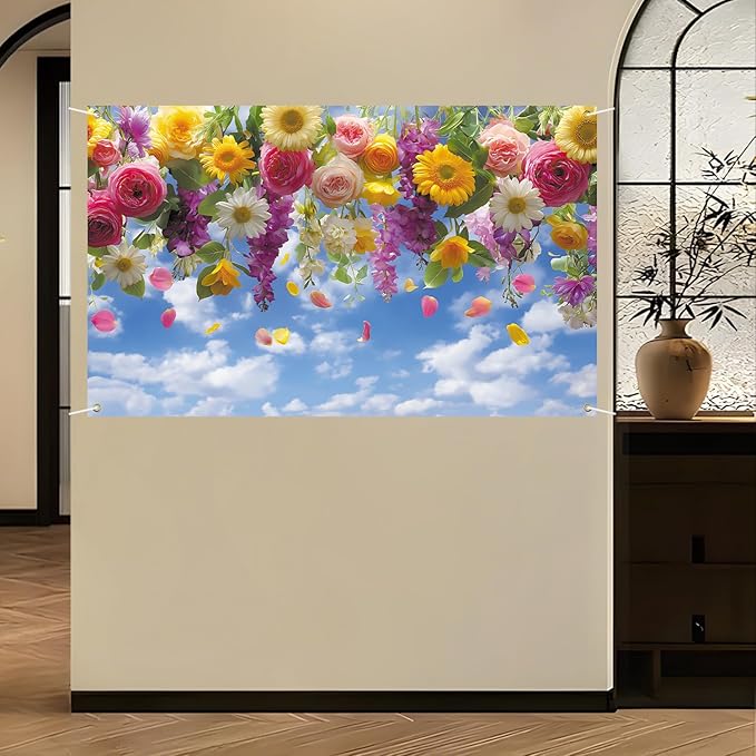 Spring Flower Backdrop 71'' x 43'' Hello Spring Banner Flower Backdrop Decorations for Photography Background Photo Prop Booth Party Decor
