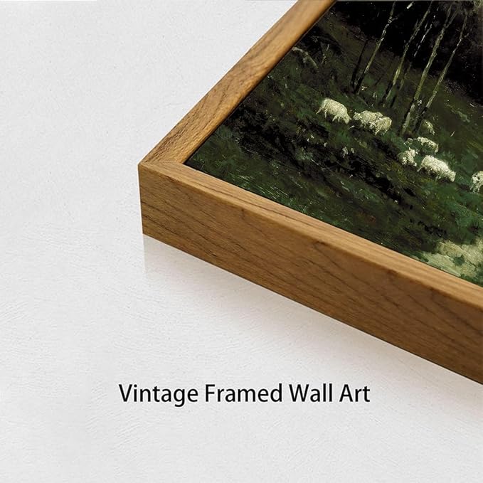 OIQArtOIQ Framed Vintage Landscape Wall Art Shepherd Natural Scenery Oil Painting Canvas Prints Country Farmhouse Aesthetic Decor Pictures for Kitchen Bedroom Living Room Bathroom