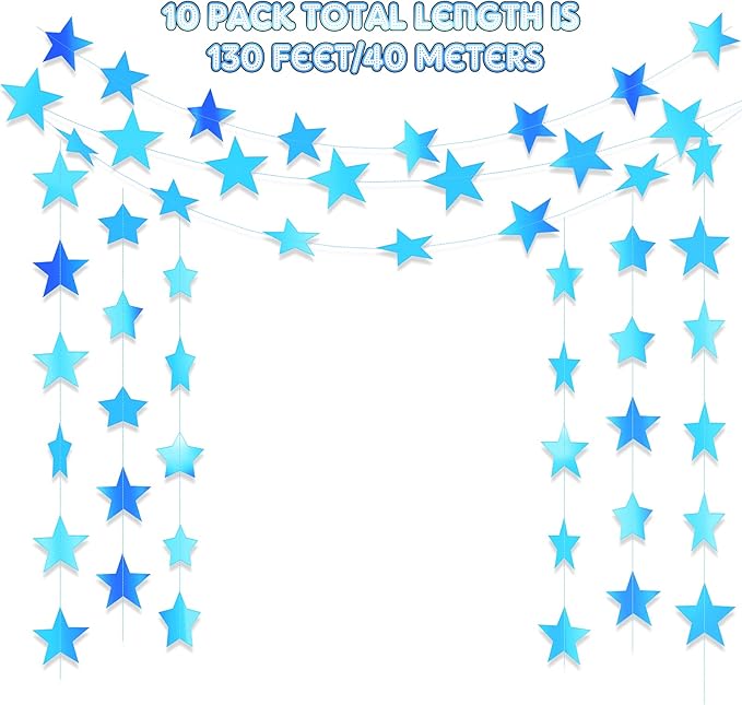 Patelai Glitter Star Garland Banner 2026 Graduation Decor 130 Feet Star Hanging Banner Twinkle Backdrop for Party Birthday Classroom Wedding Supplies(Holographic Blue)