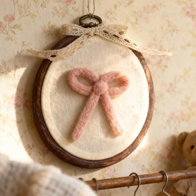 Soulchen Felted Pink Bow Nursery Wall Decor 5 x 6 Inch Cute Coquette Bow Pink Christmas Decor Wall Art Decorative Artwork for Nursery Bathroom Living Room Baby Room Bedroom Farmhouse Decoration