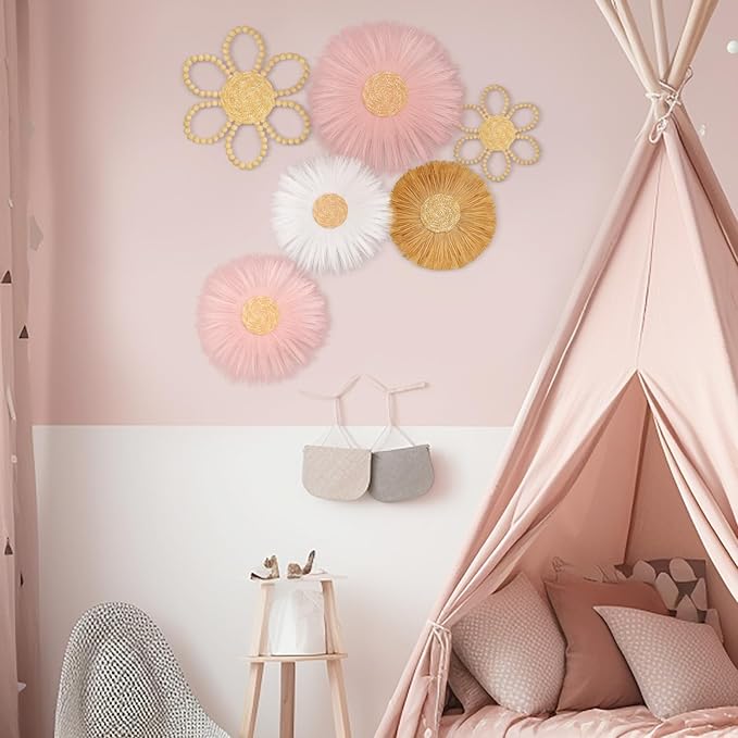 Soaoo 6 Pcs Boho Nursery Decor for Girl Daisy Flower Woven Macrame Wall Hanging Bohemian Nursery Wall Decor Flowers for Baby Girls Kids Dorm(Pink, White, Beige)