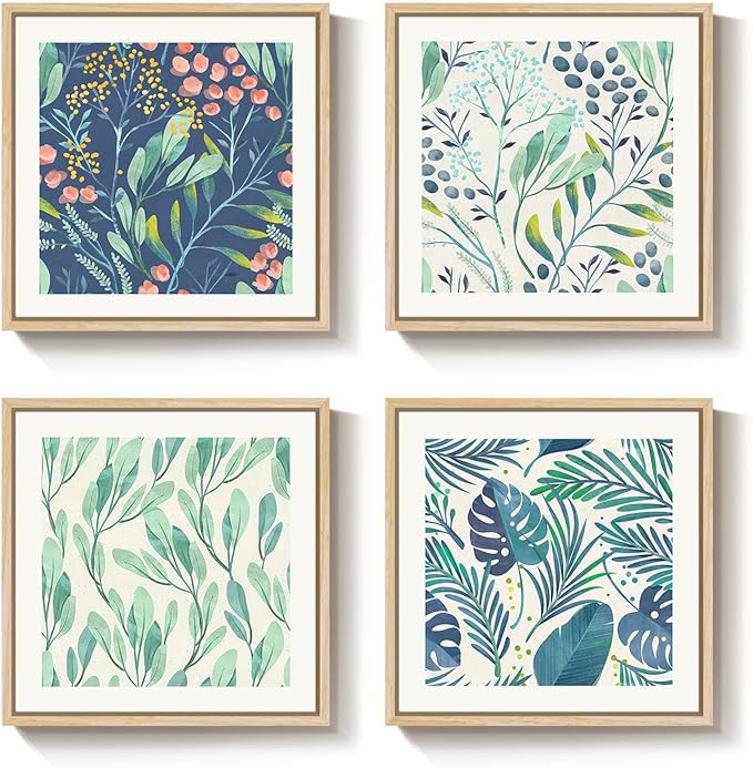 Framed Green Botanical Wall Art Set of 4, Pastel Green Leaf Canvas Wall Art Prints, Square Modern Plant Illustration Wall Decor for Dining Room Bedroom Bathroom, 12x12 Inches