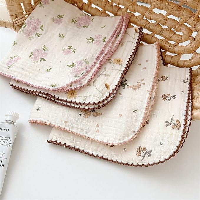 BuLuTu 4 Pack Cotton Muslin Cleaning Towels Shabby Chic Floral Washcloths for Home Kitchen, 11x11 Inches, Super Absorbent Multi-Purpose Cleaning Rags Durable Dish Rags