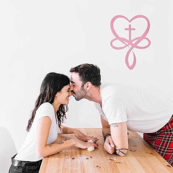 Metal Infinity Heart Cross Wall Decor, Unique Cross Decorative Wall Art, Heart And Love Sign Wall Plaques, Love Gift For Adult Home Wedding Decor Room Bedroom Living Room Decoration（Pink)