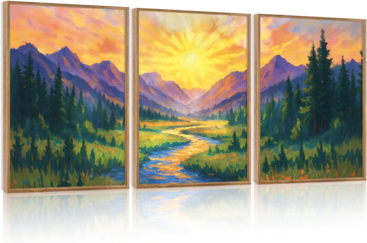HPNIUB Vintage Mountain Framed Canvas Wall Art Set, Boho Sunrise Art Prints, Forest Nature Wilderness Art Paintings, Modern Farmhouse Pine Tree Wall Decor for Living Room Bedroom, Office- 16"x24"x3
