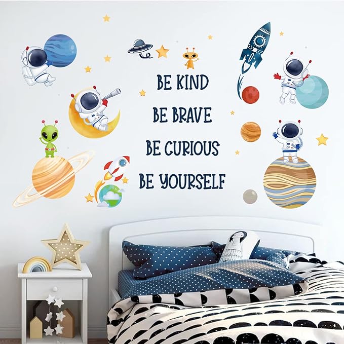 wondever Planets Outer Space Wall Stickers Be Kind Be Brave Inspirational Quote Astronaut Peel and Stick Wall Art Decals for Baby Nursery Kids Bedroom Playroom