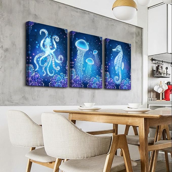 DZRWUBHS Wall Art For Living Room Bedroom Large Wall Decor Blue Ocean Life Theme Art Prints Wall Artworks Sea Animal Sea Horse Octopus Jellyfish Pictures Bathroom Modern Home Decor Painting Posters