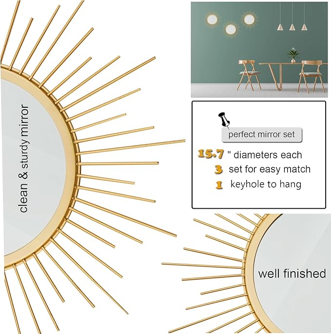Cityelf 3 Set Gold Sunburst Mirrors for Wall Decorative Metal Mirrors Small Mirror Sets Hanging Mirror Wall Sculpture for Bedroom Living Room Entryway