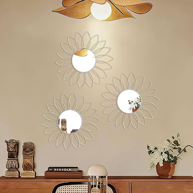 3 Pack Metal Mirrors for Wall Sunburst Wall Mirrors Home Décor Decorative Hanging Wall Art for Living Room Bedroom Entryway (White, Flowers)