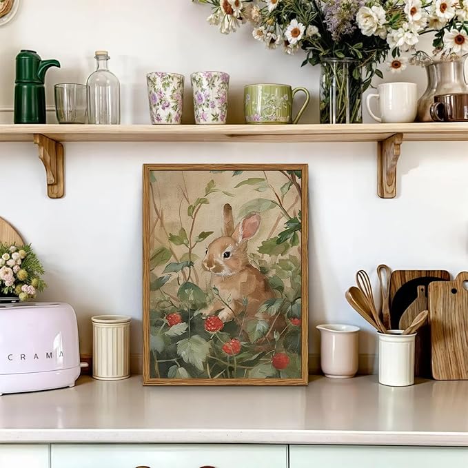 Framed Vintage Rabbit Wall Art, Cute Bunny Pictures Wall Decor, 3D Textured Sandstone Rustic Animal Botanical Paintings Prints Cottagecore Home Decor for Living Room Bedroom Nursery 12x16 inch