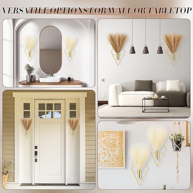 Hanaive 4 Sets Boho Gold Wall Decor Metal Wall Art Hanging Planters with Artificial Pampas Display Art Modern Home Metal Vase for Bedroom Living Room Home Office(Gold, Beige, Dark Coffee)