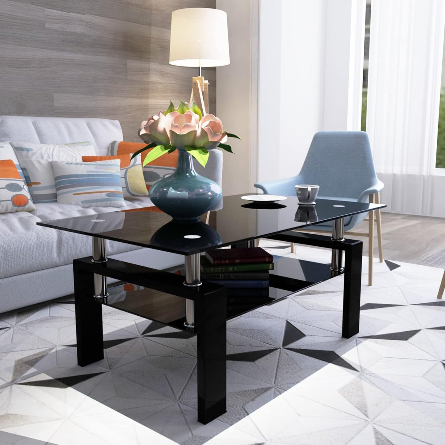 Black Glass Coffee Table for Living Room, Mordern Rectangle Tempered Glass Sofa Center Tables with Black Metal Leg for Home Office