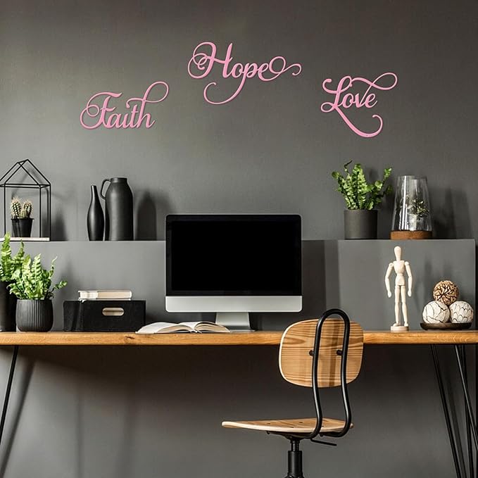 ESTART Faith Hope Love 3 Pieces Metal Wall Decor Inspirational Pink Letter Sign Wall Art Rustic Vintage Farmhouse Word Metal Sign Family Wall Decor for Home Bedroom Living Room (Pink)