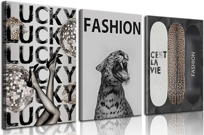 Trendy Leopard Canvas Wall Art Fashion Cheetah Lucky Skateboard Wall Decor Pictures Funky Vintage Preppy Luxury Aesthetic Posters Prints for Girly Bedroom Apartment Dorm Decoration 12x16in