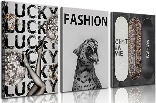 Trendy Leopard Canvas Wall Art Fashion Cheetah Lucky Skateboard Wall Decor Pictures Funky Vintage Preppy Luxury Aesthetic Posters Prints for Girly Bedroom Apartment Dorm Decoration 12x16in