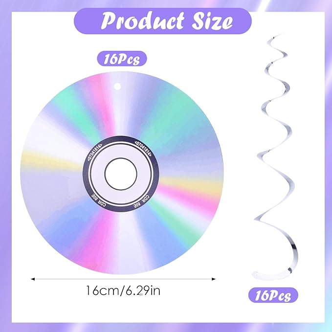 32Pcs 90's Party Decorations, Retro Theme Party Hanging Swirls CD Disco Cutout Wall Decor Sign for Music Party Y2k 1990's 2000s Birthday Dance Party Favors Supplies