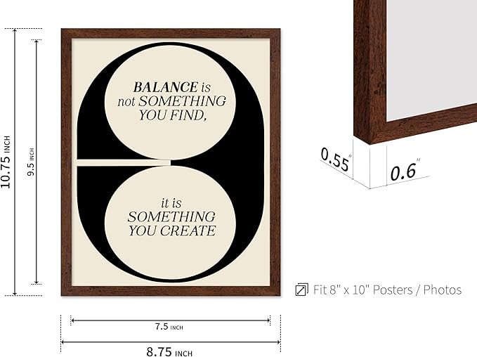 Poster Master Balance Poster - Retro Self Care Print - Modern Art - Motivational & Positive Quote Illustration - Minimalist Artwork - Great Living Room or Office Wall Decor - 8x10 Brown Framed