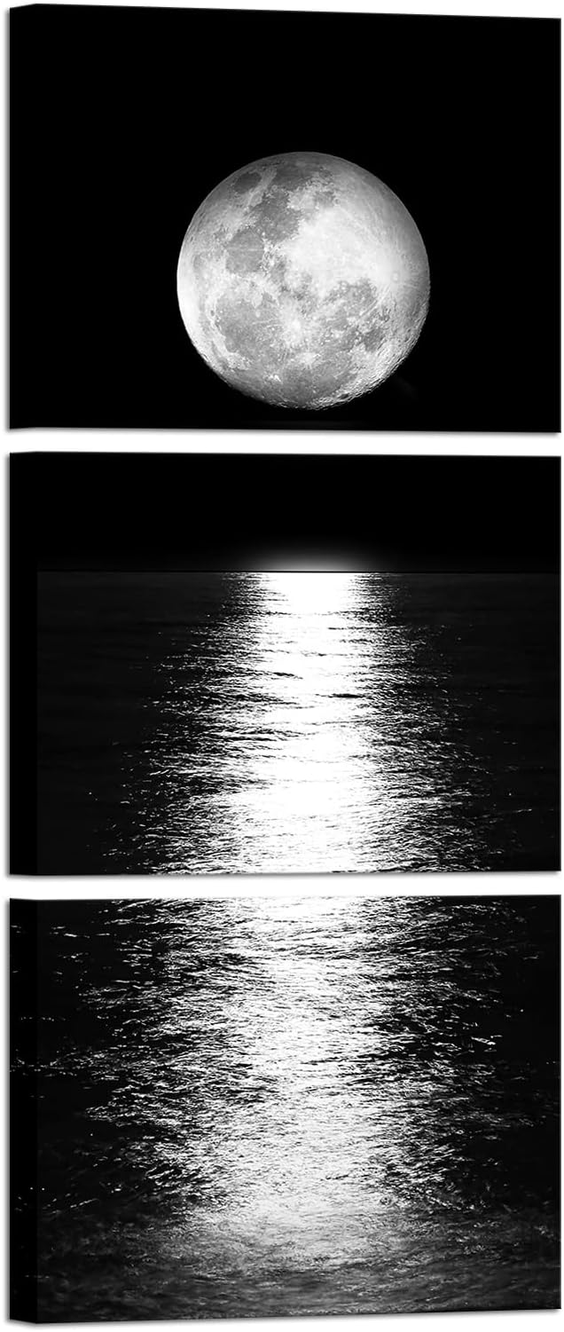 Artmyharbor Full Moon Phase Canvas Wall Art Vertical Black and White Picture Moon on Sea Print Modern Bedroom Decorations Cool Apartment Decor for Men