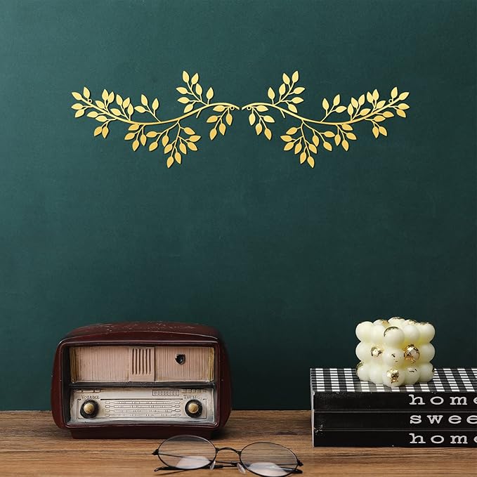 Hotop 2 Pieces Metal Tree Leaf Wall Decor Vine Olive Branch Leaf Wall Art Wrought Iron Scroll Sculptures Above the Bed, Living Room, Outdoor Decoration(Classic Style,Gold)