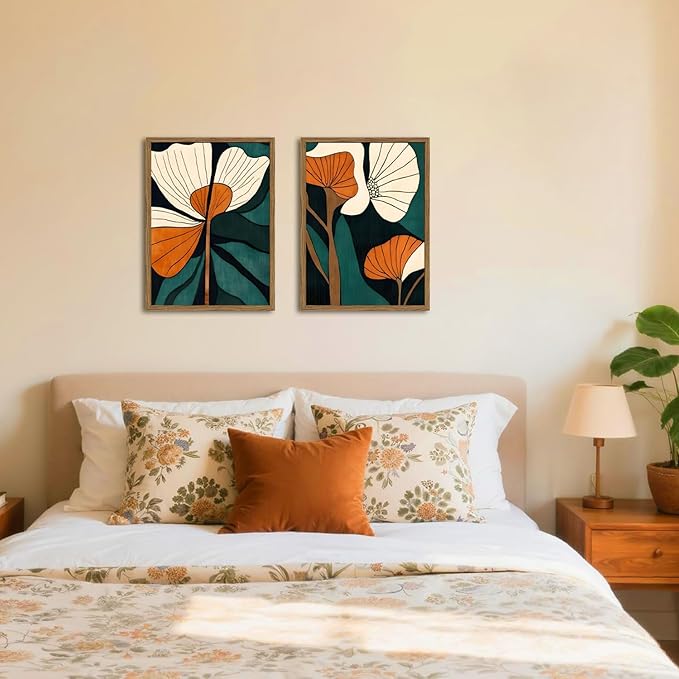 Mid Century Modern Flower Wall Art Vintage Abstract Botanical Wall Decor Painting Set of 2 Mid Century Boho Dark Floral Poster Canvas Print Pictures for Living Room Bedroom 16x24 inch Wood Framed