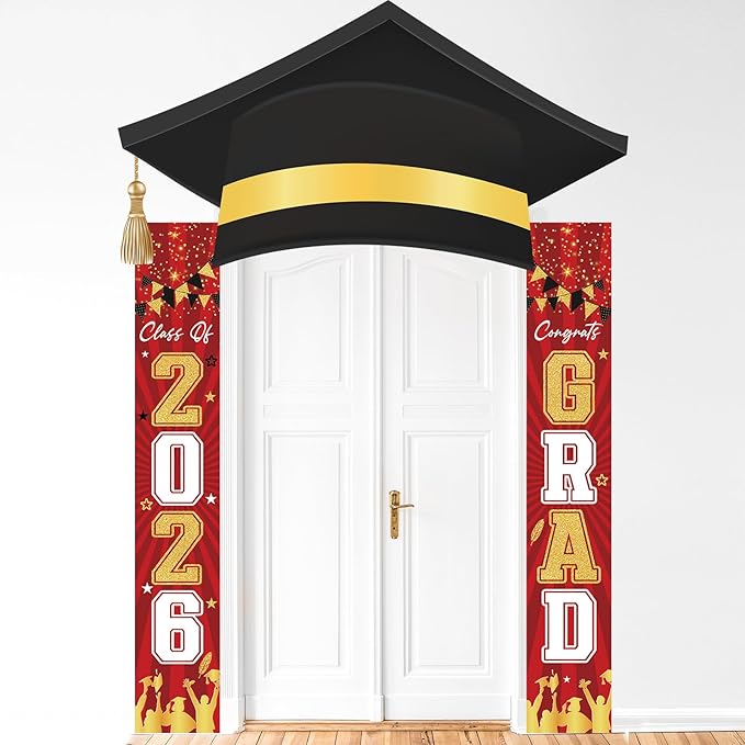 3Pcs Graduation Cap Door Banner 2026 Graduation Door Decoration Class of 2026 Porch Sign Congrat Grad Hanging Banner Decor Grad Party Indoor Outdoor Wall Decor Photo Prop Supplies Red Black