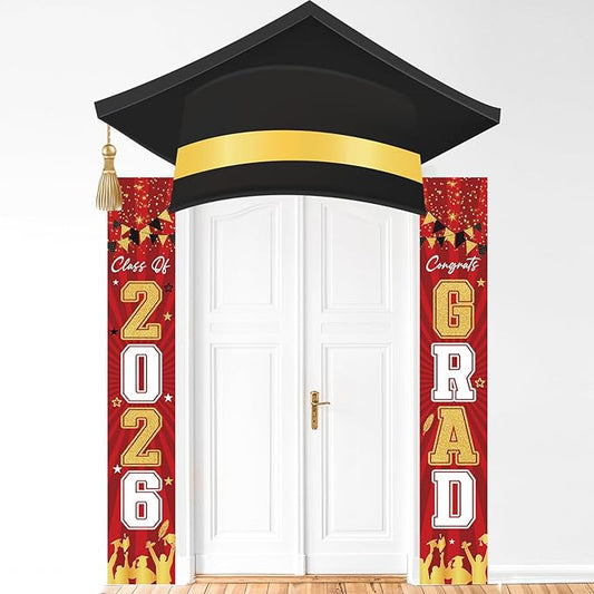 3Pcs Graduation Cap Door Banner 2026 Graduation Door Decoration Class of 2026 Porch Sign Congrat Grad Hanging Banner Decor Grad Party Indoor Outdoor Wall Decor Photo Prop Supplies Red Black