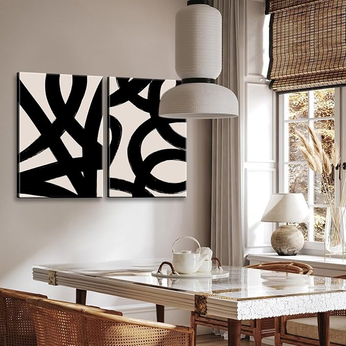 Framed Abstract Wall Art Canvas Set Lines Pictures Modern Mid Century Boho Wall Decor Minimalist Abstract Black Stroke Lines Canvas Painting Artwork Living Room Bedroom Home Office 16"x24"x2