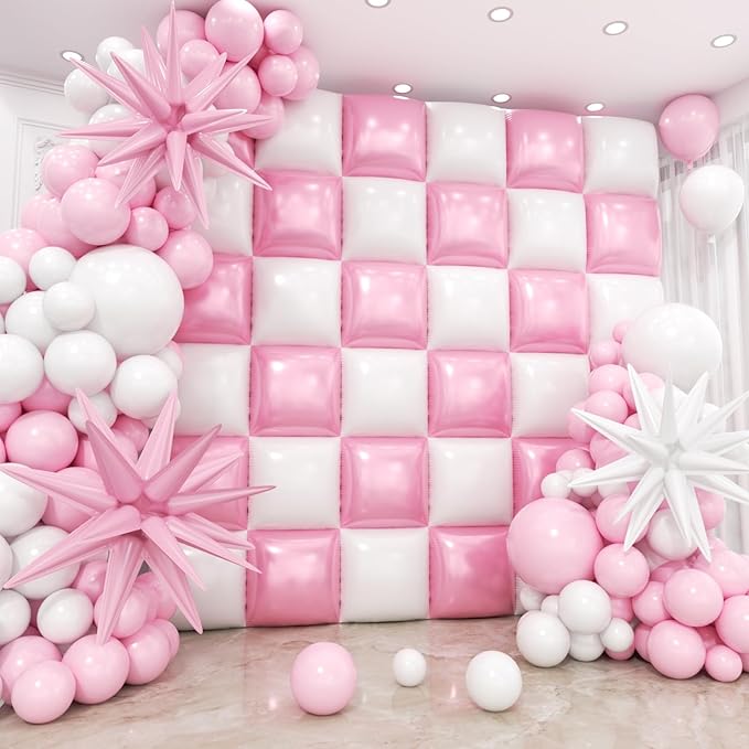 36pcs Pink and White Square Foil Balloons Wall Backdrop with 147pcs Balloon Garland Arch Kit, Double Sided Balloons for Birthday Anniversary Wedding Bridal Shower Baby Shower Party Decorations