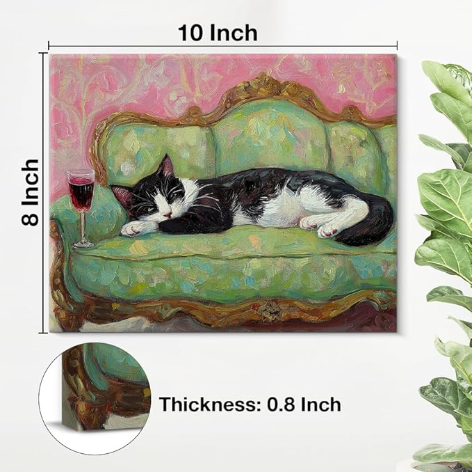 Fun Cat Wall Art Decor Cute Cat on Couch Quirky Canvas Print Poster Trendy Framed Painting Wall Decorations for Dining Room Living Room 8x10 Inch